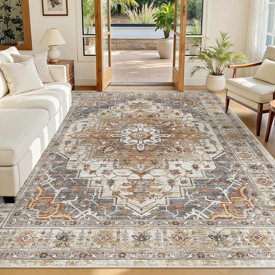 Madane 6x9 Area Rugs for Living Room, Stain Resistant Washable Rugs, Non-Slip Backing Area Rug, Vintage Home Decor Rug for Bedroom (Turmeric/Grey, 6'x9')