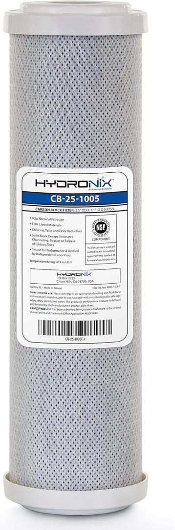Hydronix CB-25-1005 Whole House RO & Drinking Systems NSF Coconut Carbon Block Water Filter 2.5 x 10-5 Micron (9 Count (Pack of 1))