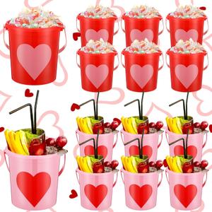 Crowye 12 Pcs 32oz Valentine's Day Bucket Bulk Heart Buckets for Drinks 4.33 x 3.15 x 4.33 in Plastic Drink Buckets with Handle for Valentine Birthday Bachelorette Party Wedding Drinks Beverages Beer
