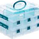 MyGift 11 Inch Clear Arts and Crafts Stackable Container, Sewing Supplies Storage Organizer Case with Blue Accents, 24 Customizable Compartments, and 6 Drawers with Removable Dividers