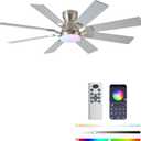 JSAITEE 52 inch Ceiling Fan with Light, 6 Speeds Reversible Low Profile Ceiling Fan with Light and Remote/APP Control, 3 Color Temp+Dimmable RGB, 8 Blades, Flush Mount Quiet Ceiling Fans, Nickel