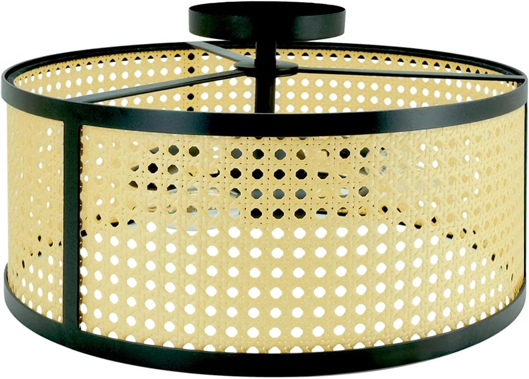 Semi Flush Mount Ceiling Light, Farmhouse Matte Black Close to Ceiling Light with 16 Inches Rattan Shade for Bedroom, Hallway, Living Room