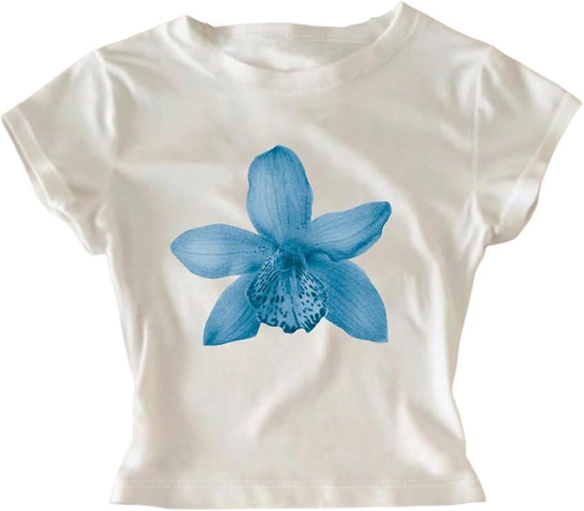RoseSeek Women's Y2K Floral Graphic Tees Shirts Short Sleeve Crew Neck Summer Crop Tops Size M
