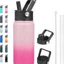 BJPKPK Insulated Water Bottles with Straw Lid, 18oz Stainless Steel Metal Water Bottle, Cold Hot Thermos with 3 Lids, Leak Proof BPA Free Travel Cup, Wide Mouth Flasks, Thermos -Cherry