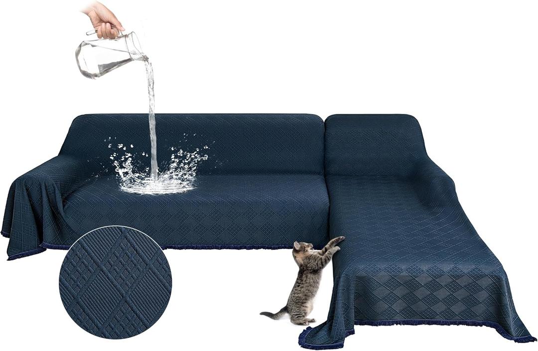 Waterproof L Shaped Sectional Couch Covers Blanket 2 Piece Sectional Sofa Cover Washable L Shape Sofa Slipcover Jacquard Quilted Furniture Protector for Dogs Pets Cats (XX-Large, Dark Blue)