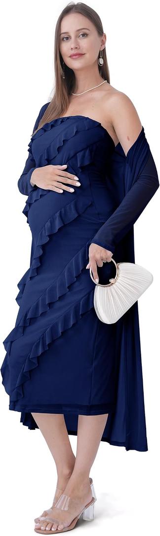 SUNNYBUY Elegant 2 Piece Maternity Dress with Mesh Cardigan, Strapless Ruffle Maxi Gown Cocktail Dresses for Baby Shower, Size S