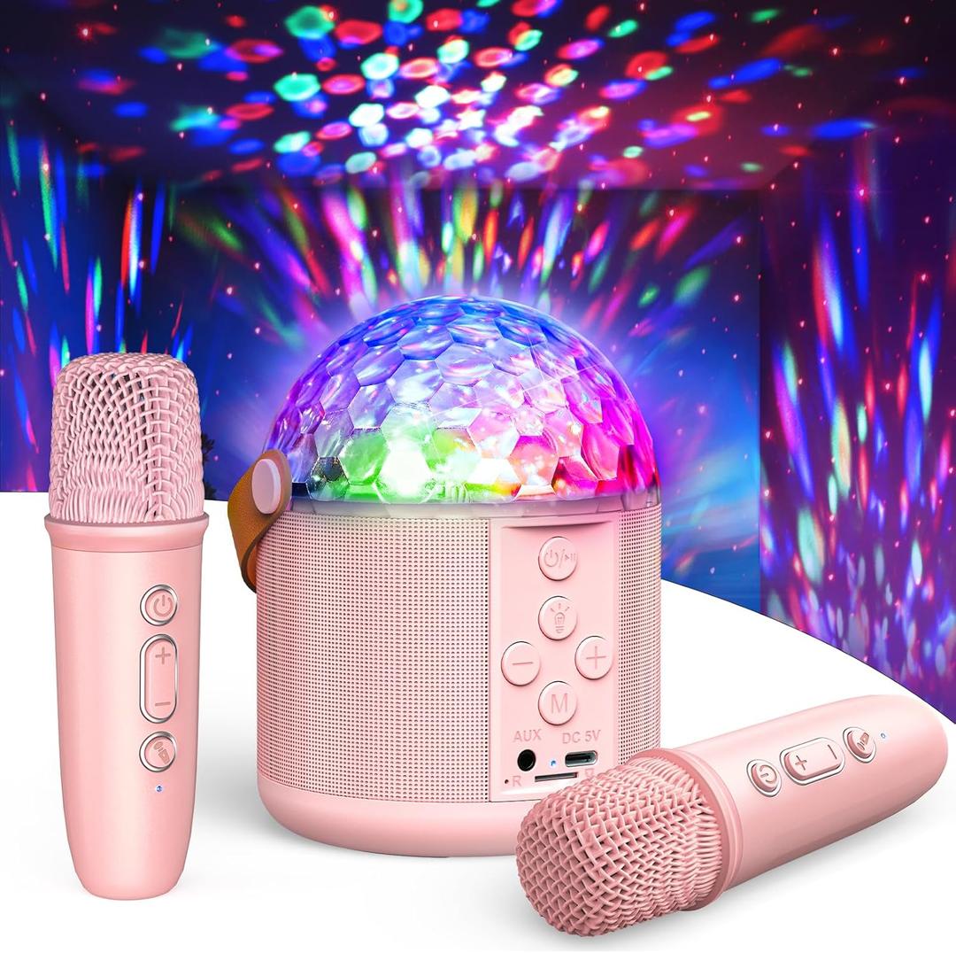 Karaoke Machine with Disco LED Lights for Adults Kids, Portable Bluetooth Speaker with 2 Wireless Microphone Toys Gifts for Girls Boys Birthday Family Home Party (Pink)