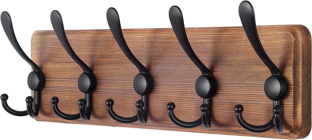 SKOLOO Rustic Wall Mounted Coat Rack: 16" Hole to Hole, Pine Real Wood Plank Wall Coat Rack with 5 Triple Hooks, Farmhouse Coat Hanger Wall Mount for Hanging Backpack Jacket Coat Hat (Brown Plate & Black Hook)
