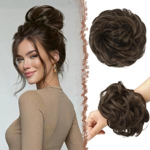 FESHFEN Large Messy Bun Hair Piece - Wavy Synthetic Chignon Scrunchies Elastic Ponytail Hair Extensions Thick Hairpieces for Women, Golden Brown 1.94oz