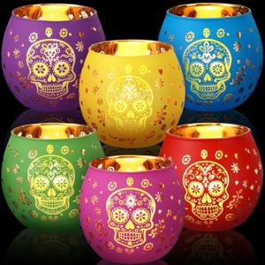 6 Pcs Votive Candle Holder Glass Votive Holder Flameless Candles with 6 Laser Engraving Patterns for Party Decor(Multicolor, Sugar Skull)