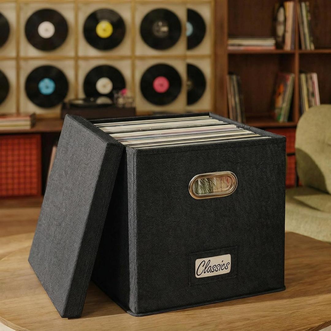 ZICOTO Decorative Vinyl Record Storage Box for 50+ Single Records - Sturdy and Easy to Carry LP Holder with Lid - The Perfect Storage Crate for Your Valuable Album Collection (Black)