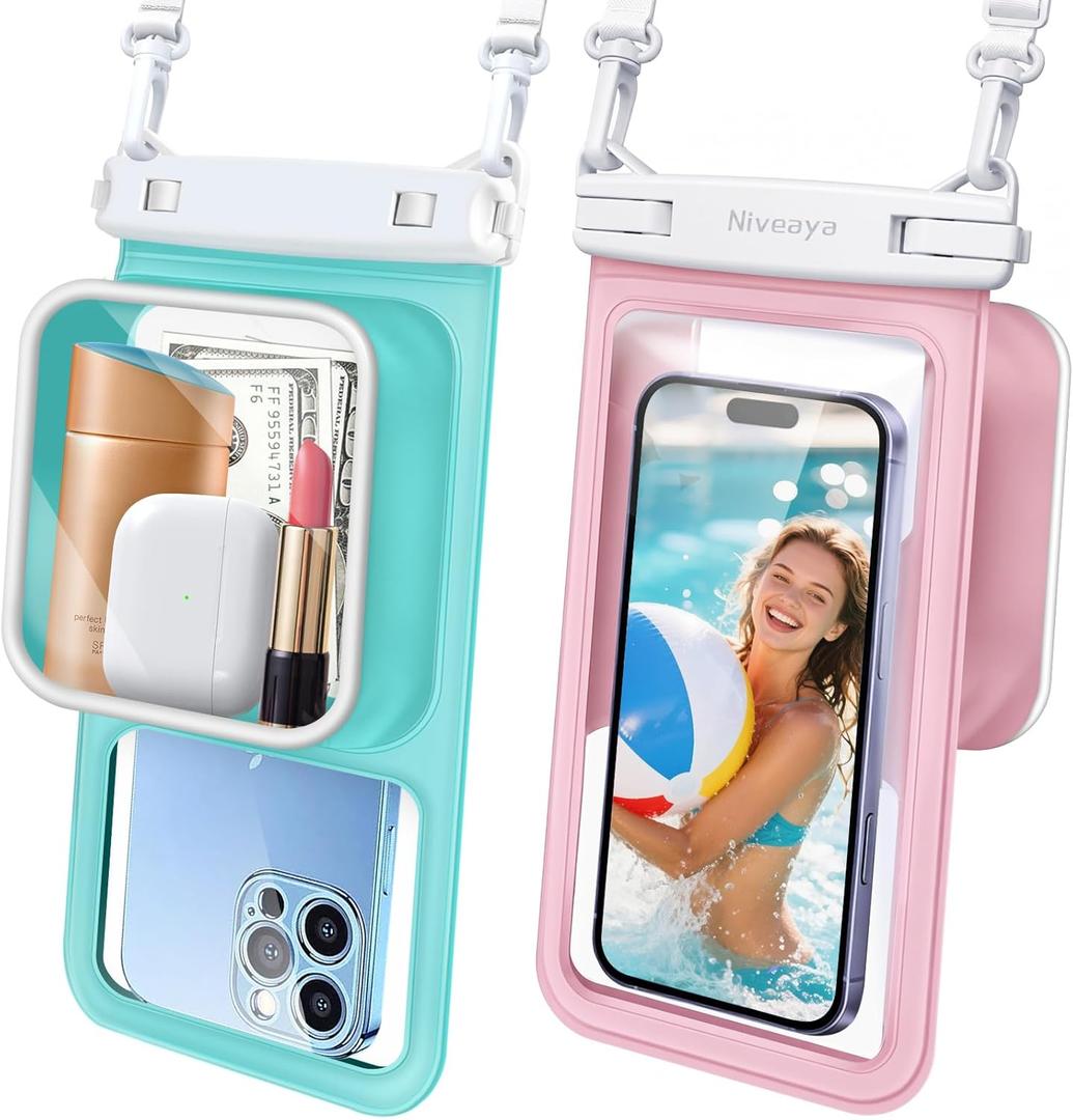 Niveaya [Floatable Floating Waterproof Phone Pouch 2 Pack-Up to 8.5", Large Space Adjustable Neck Lanyard Waterproof Phone Case, Phone Dry Bags for Vacation Beach Pool Kayak Cruise Travel Essentials (Green + Pink)