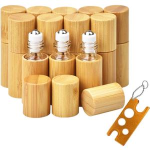 AUHOKY 12Pcs Bamboo Roll on Bottles for Essential Oils, Portable Massage Oil Bottle with Stainless Steel Roller Ball, Reusable Travel Perfumes Sample Lip Gloss Container (1 Opener) (5ML)
