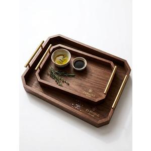 Luxury Decorative Wooden Serving Trays, Dark Brown Hexagonal Design with Gold Handles, 18x12 in/13.7x8.8 in, Modern Ottoman Tray Set of 2 for Coffee Table, Bar, Home Decor, Serving