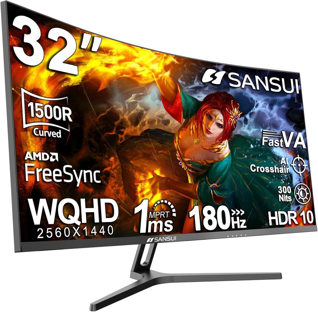 SANSUI 32-Inch Curved Gaming Monitor WQHD 2560 x 1440 180Hz Curved 1500R -Fast VA,1ms(OD), HDR, 300nits, sRGB 125%, DCI-P3 95%, FreeSync, HDMI x2, DP1.4x2(DP Cable Included)