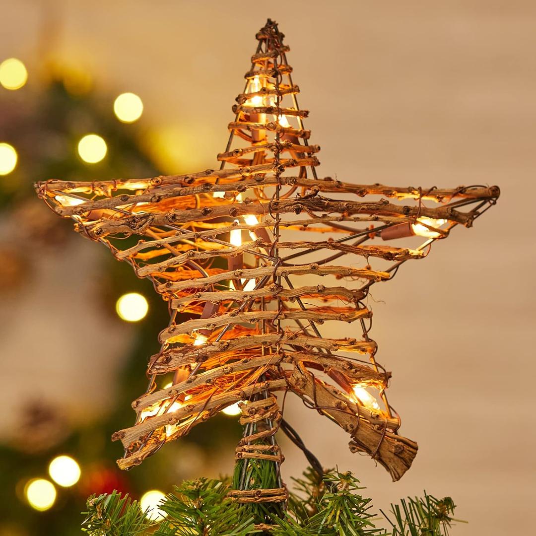 Brightown Christmas Tree Topper Star Lighted Plug in 3D Rustic Rattan Natural Farmhouse Built-in 10 Bulbs Christmas Tree Star Topper Classic Vintage Indoor Xmas Decorations Ornament Holiday Home Decor