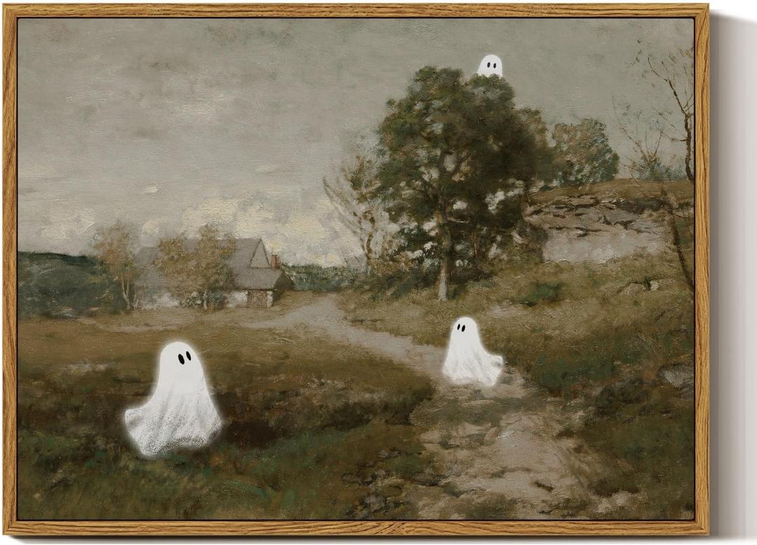 InSimSea Framed Canvas Wall Art, Vintage Halloween Decor, Cute Ghosts Decor Indoor, Bedroom Bathroom Living Room Halloween Pictures Decorations, Landscape Wall Art Prints, 12"x16"