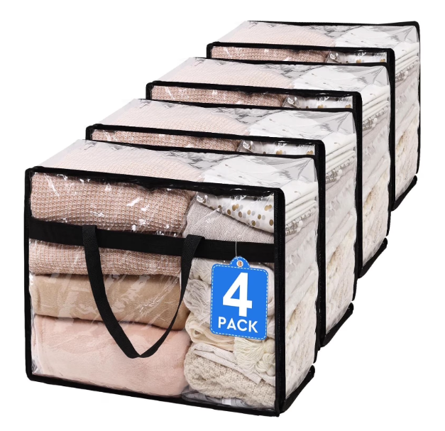 PickyanDco 4 Pack Clear Clothes Storage Bags, Vinyl Blanket Storage Bag with HeavyDuty Zipper, Foldable Moving Bags, Closet Organizers for Bedding, Comforter, Linens, Sweaters, Pillows, Toys (40L)