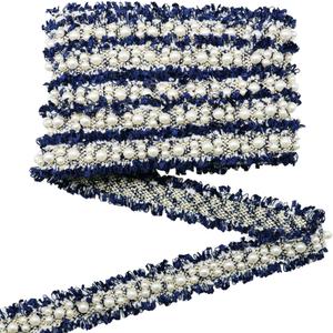 Yalulu 5 Yards Nylon Pearl Beaded Embroidered Lace Trim Ribbon Fabric Handmade DIY Costume Dress Sewing Supplies Craft (Navy Blue)