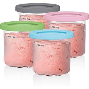 Ninja Creami Pints 4 Pack, Compatible with NC299AMZ & NC300s Series Creami Ice Cream Makers, Genuine Ninja Pint, BPA-Free & Dishwasher Safe, Color Lids, Clear/Grey/Lime/Pink/Aqua, XSKPLD4BCD