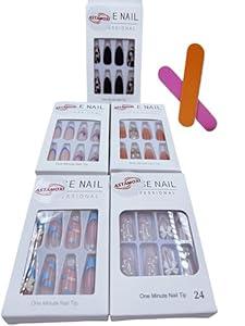 YTETUOE Press on Nails with Designs, Fake Nails Medium Long, 5 Packs (120 Pcs), French Tip Soft Gel Nails, Almond, Frosted, Bright-Diamond, Leopard-Print, Personal Fashion, Glue on Nails Kit