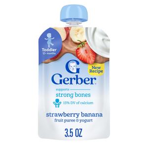 Gerber Toddler Food, Strawberry Banana, Fruit Puree and Yogurt Pouch. No Added Sweeteners, 12PK (EXP 01/31/27)