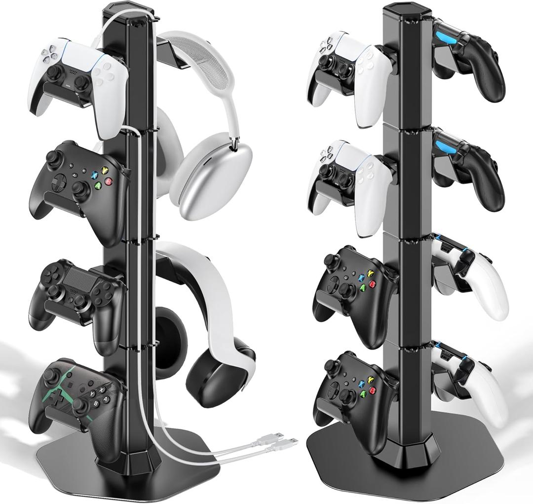 Controller & Headset Holder Stand for Desk, with Charger Cable Organizer Headphone Stand for PS5/ Xbox/ PS4/ Switch, Metal Base Controller Hanger Hook for Storage Earphones, Game Console, Mobile Phone (Black)