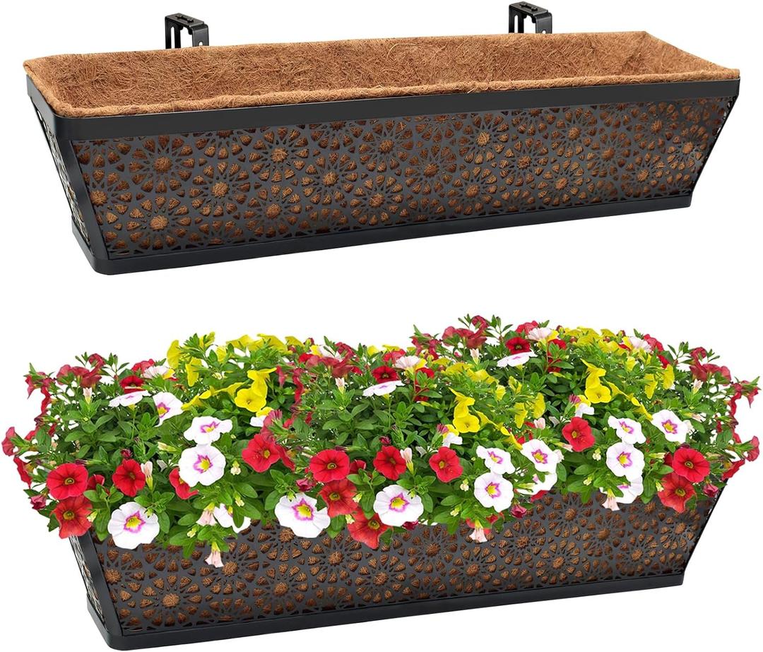 Halatool 2 Pack 30 Inch Window Box with Coco Liner Sturdy Metal Deck Railing Planter with Coconut Coir Basket Liners for Windowsill Fence Porch Balcony and Patio Outdoor Indoor Lawn