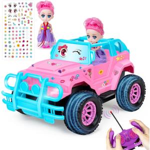 YongnKids Remote Control Car for Kids, 1:20 Scale Rc Trucks for Girls Age 4-7, Pink Rc Cars Toys for Ages 5-7 8-13 Boys Girls Birthday Gift, Off Road Trucks with Mini Doll & DIY Sticker