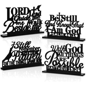 Geetery 4 Pcs Inspirational Centerpiece Table Decorations Blessed Wooden Signs Religious Table Decor with God Possible Biblical Verse Faith Positive Motivational Decoration for Farmhouse Living Room