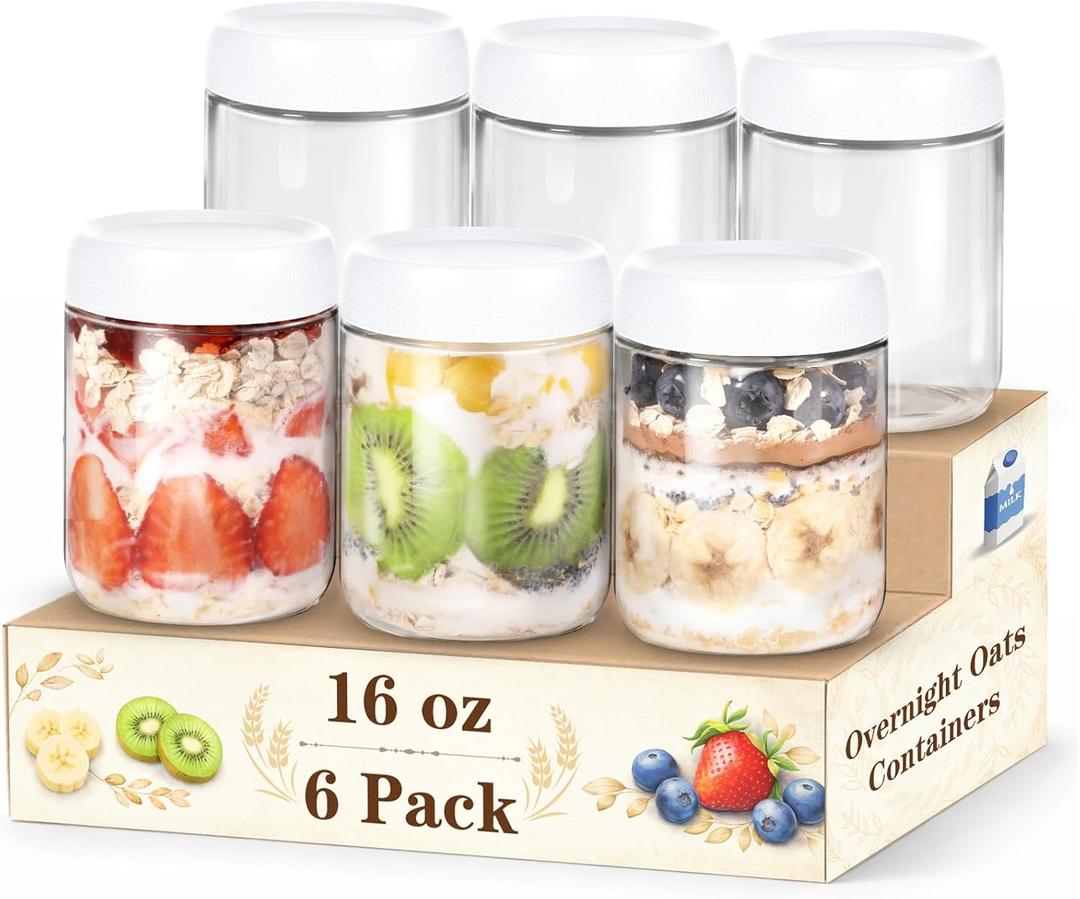 6-Pack Glass Storage Containers with Lids, Overnight Oats Containers with Lids, Wide Mouth Mason Jars 16oz, Glass Jar with Airtight Lid for Yogurt, Chia, Suger, Snack, Oats, Food Storage (White)