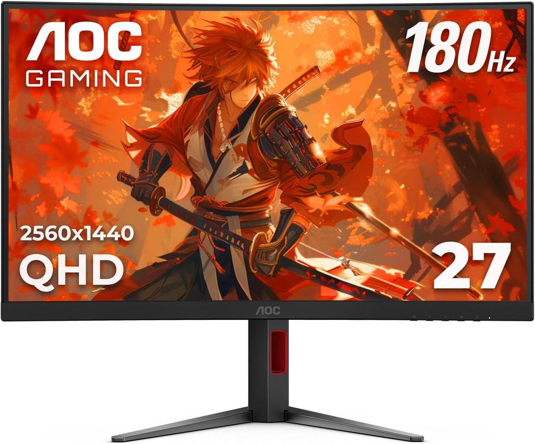 AOC CQ27G4H 27" Curved Gaming Monitor, QHD 2K 2560x1440, 1500R VA, 180Hz 0.5ms, AMD FreeSync Premium, Height Adjustable Stand, Xbox PS5 Switch Compatiable, 3-Year Zero-Bright-dot