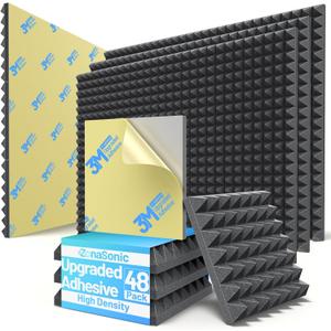 48 Pack Pyramid Sound Proof Foam Panels for Walls with Updated Self-Adhesive 2"X12"X12" High Density Acoustic Panels Sound Absorbing Fast-Expanding Soundproof Wall Panels for Gaming Studio Decor-Black