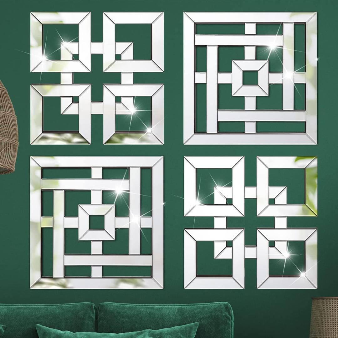 Geelin 4 Pcs Silver Mirrors Wall Decor 1.2 Inch Thick Wall Mount Decorative Square Mirrors 12 x 12 Inch Silver Art Mirrored DIY Modern Mounted Accent for Home Living Room Bedroom Farmhouse Decor