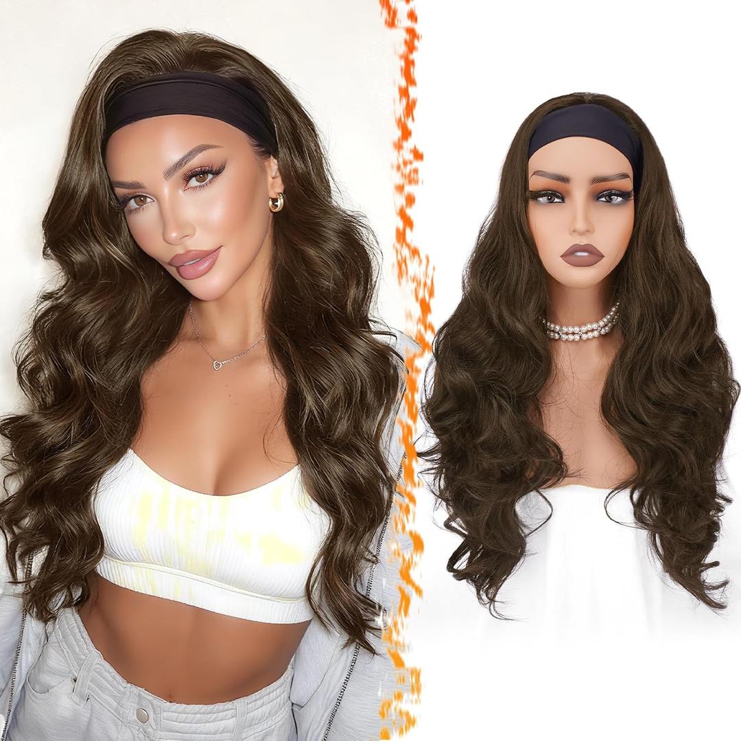 BARSDAR Long Body Wave Headband Wig - 26 Inch Synthetic Light Brown Loose Body Wavy Headband Wig for Women - Wear and Go Glueless Wigs Soft Natural Looking Easy Wear Head Band Wigs