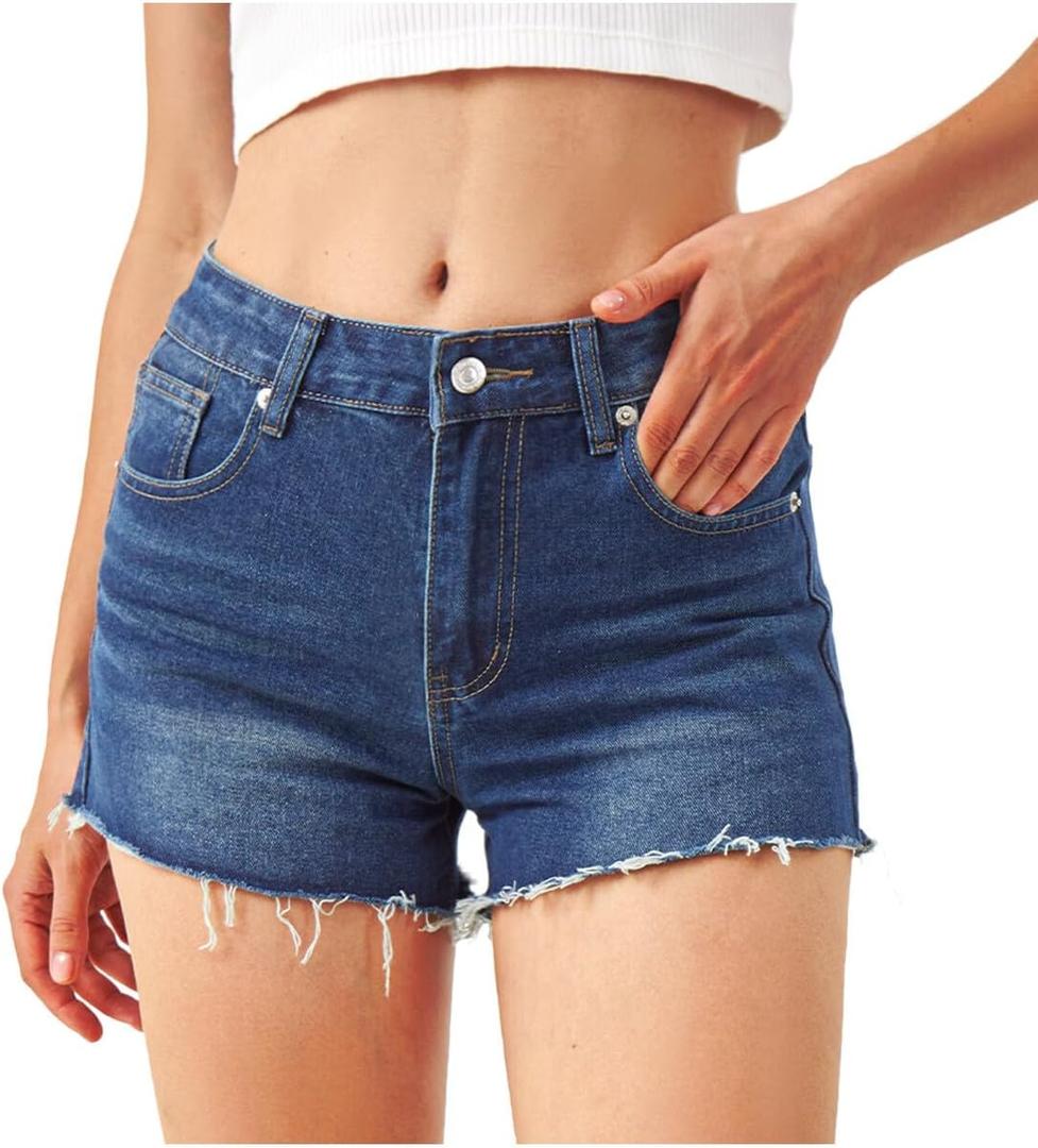 Liloak Womens Pack of Washed Denim Jean Shorts Mid Rise Casual Ripped Frayed Hem Summer Hot Shorts Pack (X-Small, Dark Indigo)