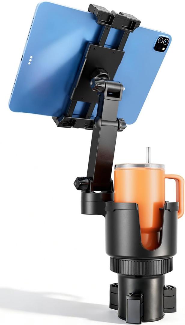 OHLPRO Cup Holder Tablet Mount for Car, Anti-Shake iPad Stand with Drink Holder Fits 5-17" iPad, Tab S10, iPhone, Heavy Duty Truck Vehicle Auto Accessories, Dual Handle Slots Large Mugs