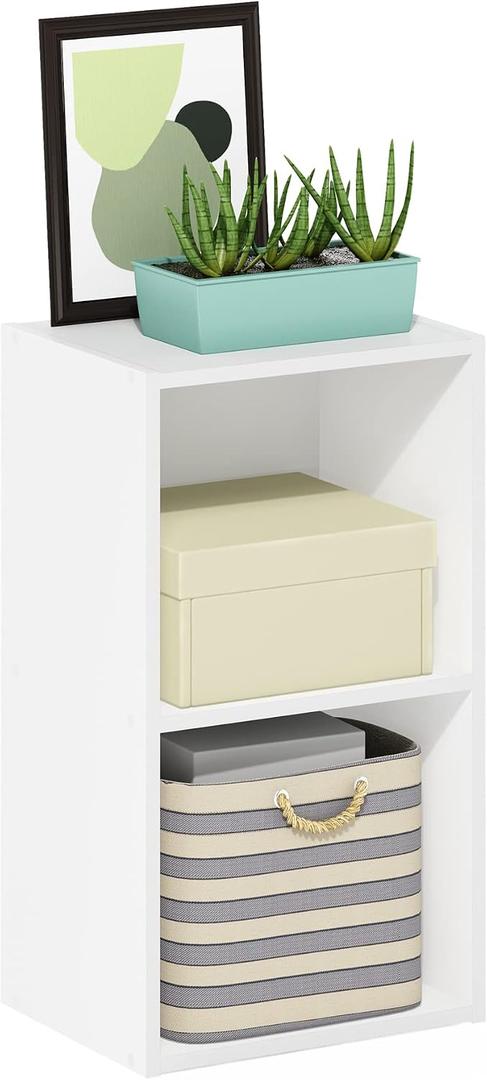 Furinno PASIR Book Shelf, 2-Tier Modern Bookshelf, Open Shelves Bookcase 9 x 12 x 21, Easy Assembly, for Living Room, Bedroom, Home Office, White, 2-tier Cube