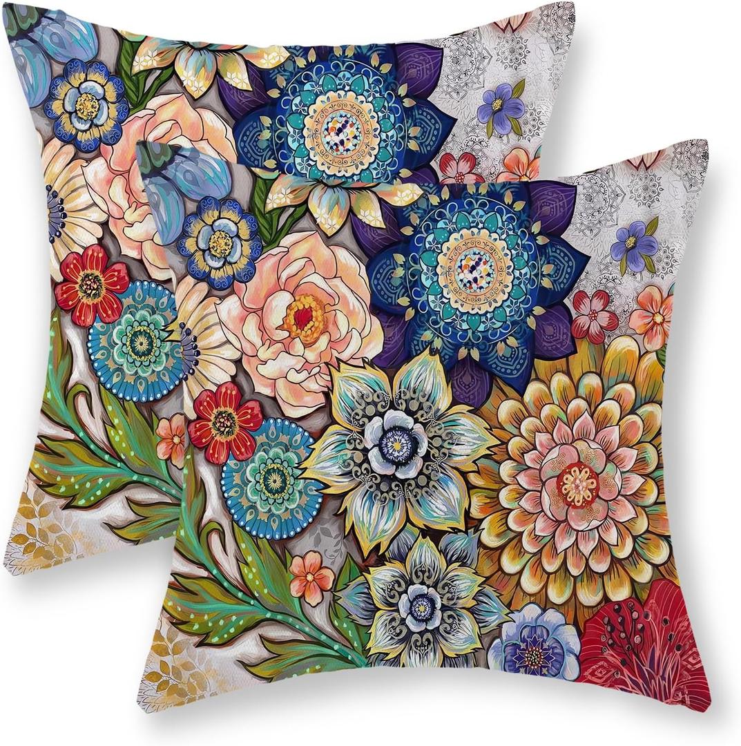 Boho Pillow Covers 18x18 Set of 2, Vintage Mandala Flowers Throw Pillows Spring Summer Ethnic Floral Decorations Bohemian Pillowcase Farmhouse Linen Decor Outdoor Cushion Case for Living Room (18" x 18" (Pack of 2), A7)