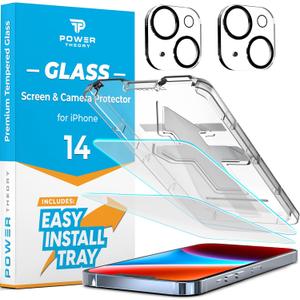 Power Theory Designed for iPhone 14 Screen Protector and Camera Lens Protectors with Easy Install Kit [Premium Tempered Glass], [9H Hardness] 2+2 Pack