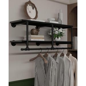 Wall Mounted Clothes Rack 12 Inch Deep, 42in Heavy Duty Garment Rack with Real Black Wood Shelf, Multi-Purpose Hanging Rod & Space-Saving Closet Storage Organizer, Black 