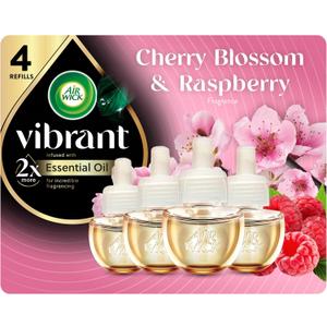 Air Wick Vibrant Plug In Scented Oil Refill, Infused with Essential Oils, Plug In Air Fresheners for Home, Cherry Blossom & Raspberry, 4 ct