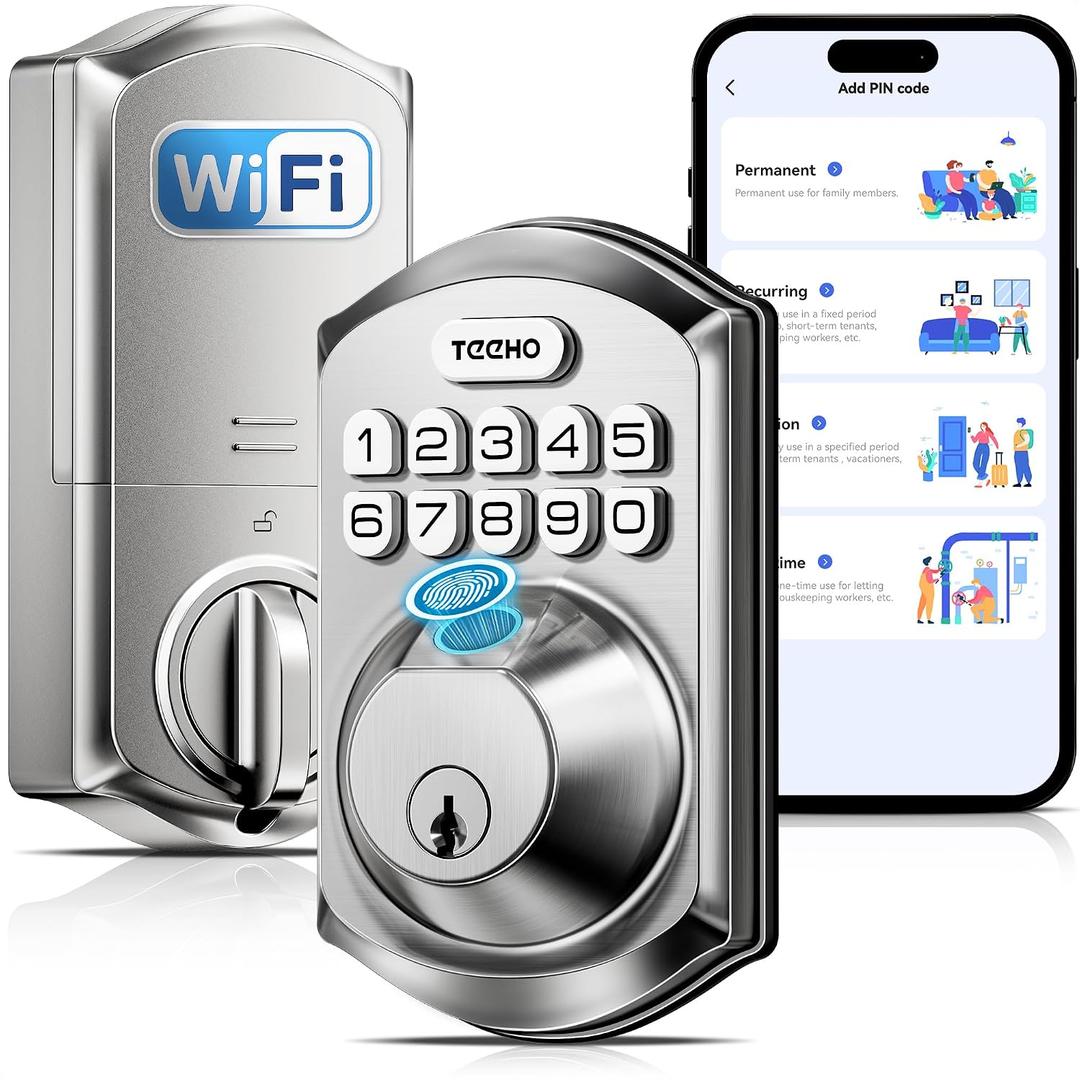 TEEHO TE012W WiFi Smart Lock, Fingerprint Door Lock with Built-in Wi-Fi, Keyless Entry Keypad Smart Deadbolt, App Remote Control, Alexa Compatible, IP55 Waterproof for Front Door Satin Nickel
