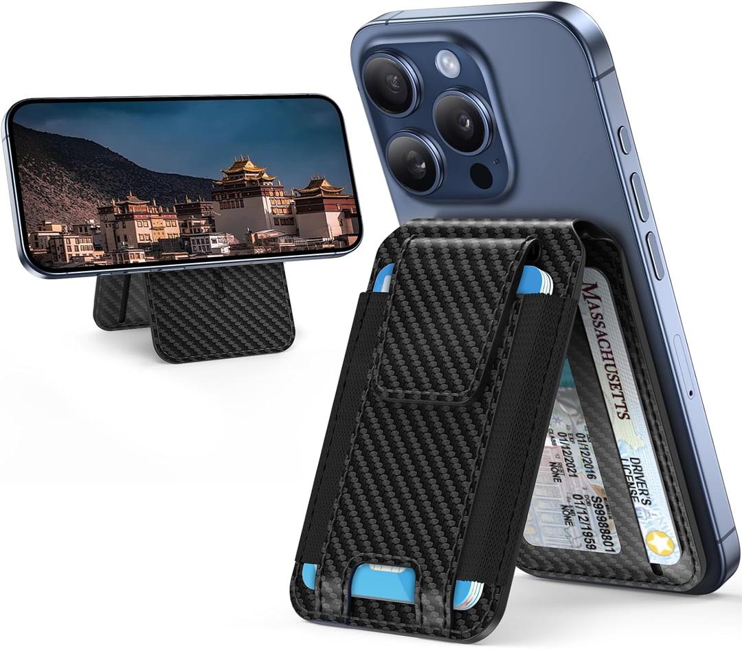 Miracase Magnetic Wallet for Men/Women, Adjustable Stand & Safety Flap, Compatible with MagSafe Wallet, 3 Slots, 6-8 Card Holder for iPhone 17/16/15/14/13/12 Series, RFID Blocking, Black Carbon Fiber