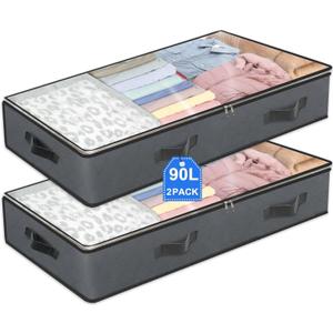 2 Pack Under Bed Storage, 90L Collapsible Closet Containers Organizers and Under Bed Storage Bins, Underbed Storage Bags for Wrapping Paper, Blanket, Towels, Clothes, Comforter, Sweaters, Linen Sheets