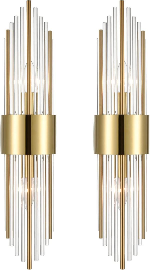 2-Light Modern Brushed Titanium Gold Wall Sconce with Clear Glass Crystal Luxury Wall Light Fixtures for Bedroom Living Room Bathroom Vanity Mirror Light Fixtures Set of 2, 22.44 inches by 4.72 inches