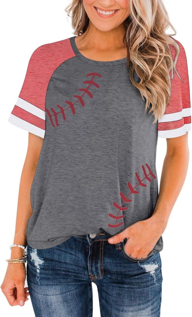Womens Baseball Mom Tee Summer Short Sleeve Crewneck Baseball Print Patchwork Raglan Tops (L)