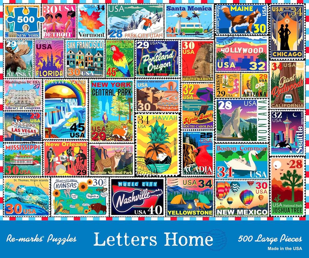 Re-marks Letters Home Stamp Collage Puzzle, 500-Piece Jigsaw Puzzle for All Ages