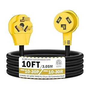 Strightinc 10FT 3 Prong Dryer 30A 10-30P to 10-30R / EV Extension Cord Level 2 EV Charging Model 3/ X/ Y/ S 125V/ 250V STW 10 Gauge Heavy Duty Extension Cord Yellow Plug