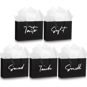 Kolldenn Valentine 5 Senses Gift Bags for Him Her Sight Smell Touch Taste Sound Black Five Senses Gift Bag with 10 Pcs Tissue Wrapping Paper for Valentine's Day 21st Birthday Party Anniversary Wedding